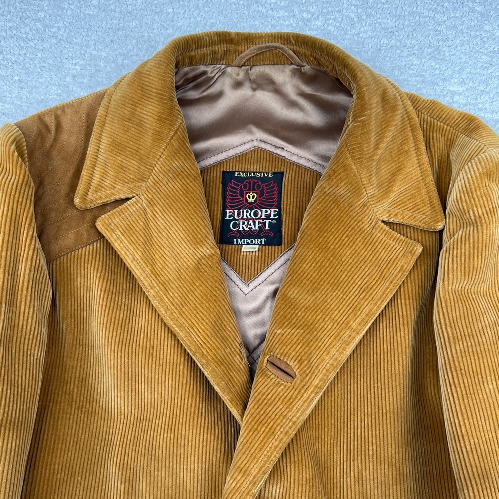 VTG‎ Europe Craft Mens Corduroy Blazer Tan Suede Elbow Patches 70s Sport Coat - Picture 2 of 16